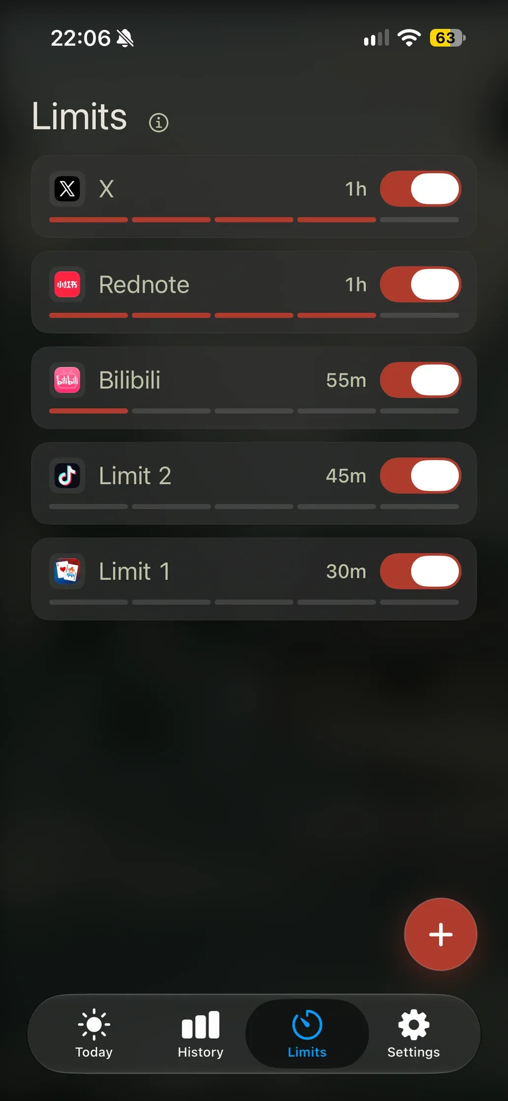 Sundial's Limits tab, listing rules for X, Rednote, Bilibili and two app groups with their daily allowances.