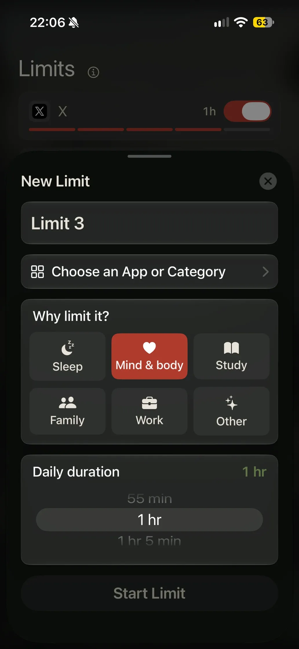 Sundial's New Limit sheet: a name field, app picker, a grid of reasons such as Sleep, Mind & body, Study, Family, Work and Other, and a daily duration wheel.