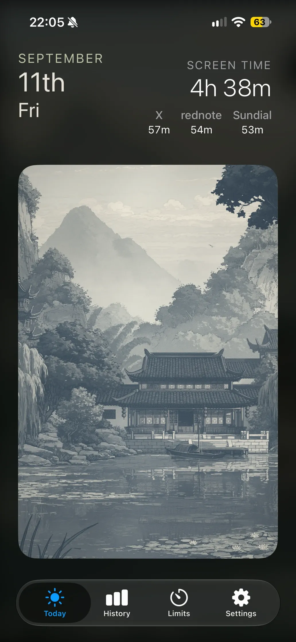 Sundial's Today tab: today's screen time, a health reading, and an ink-wash landscape.